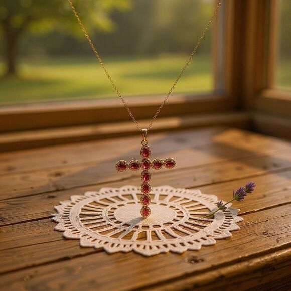 Radiant Devotion: 14k Gold Cross Necklace with Genuine Rubies & Sapphires - Picture 7 of 7